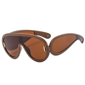 Brown oversized shield sunglasses with gradient lenses and gold metallic accents