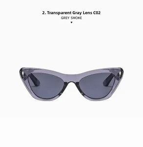 Detail of cat-eye glasses frame in transparent grey with gold rivets and dark lenses