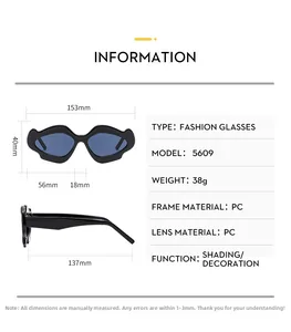 Detailed size chart for irregular wave-shaped sunglasses with frame dimensions and weight