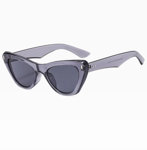 Detail view of cat eye glasses frame with silver rivets and printed size specifications
