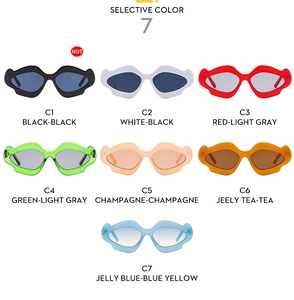 Detailed grid showing seven color variations of irregular wavy rim sunglasses