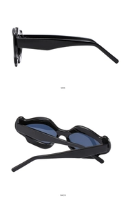 Detailed side and back views of wavy black frames with blue lenses for sunglasses