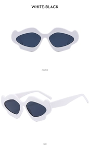 Vertical view of white cloud-shaped sunglasses with black lenses from front and side angles