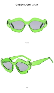 Irregular wavy green sunglasses with light gray lenses in front and side views