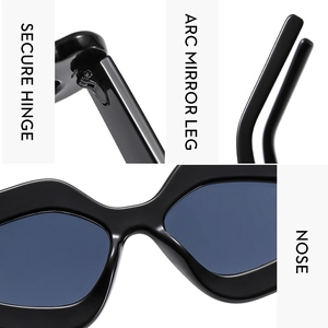 Detailed views of reinforced metal hinges and curved temples on jelly color sunglasses