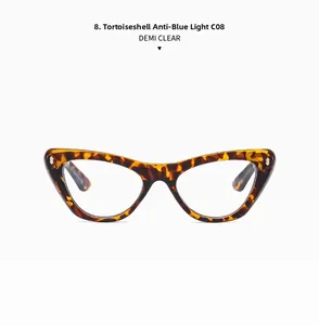 Detail of demi cat eye glasses frames with clear anti-blue light lenses and C08 code