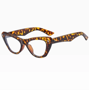 Detail of tortoise shell cat eye frames with polished metal studs and wide temples