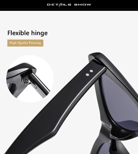Detail of cat-eye sunglasses featuring flexible metal hinges and silver rivet accents