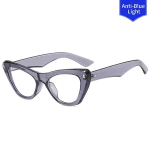 Cat-eye anti-blue light glasses with grey purple frame and silver rivet accents