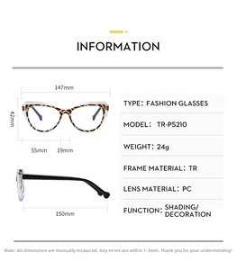 Size chart showing dimensions for TR90 cat eye glasses frames with leopard print
