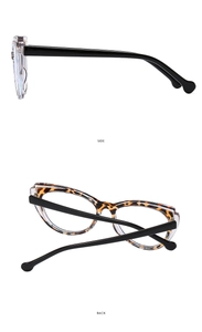 Detail view of cat eye glasses frame showing leopard pattern and transparent design
