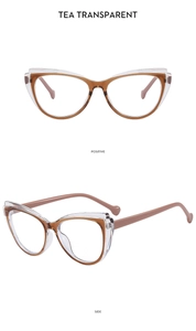 Detail view of tea transparent TR90 cat eye glasses frames showing front and side angles