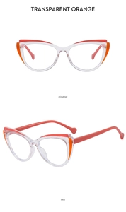 Cat-eye TR90 frames in transparent orange with positive and side detail views