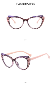 Front and side view of cat-eye TR90 flower purple eyewear frames for women