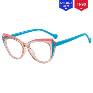 Elegant TR90 cat-eye blue light blocking glasses with pink and blue contrast frames