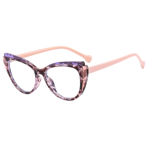 Elegant TR90 cat-eye anti-blue light glasses with purple floral frames and pink temples