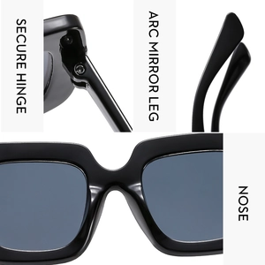 Detailansicht der quadratischen Sonnenbrille mit robustem Metallscharnier und Bogenbügeln