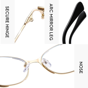 Detailed views of gold metal cat-eye frames featuring secure hinges and arc mirror legs