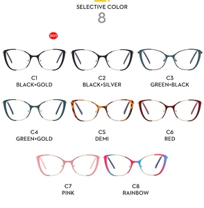Detailed grid view showing eight colorful cat-eye metal blue light blocking glasses frames
