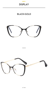 Detailed front and 45-degree side view of black and gold cat-eye glasses frames