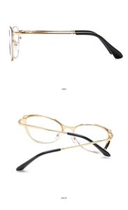 Side and back view of gold cat-eye metal frame glasses with black temple tips