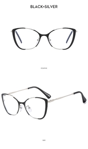 Detailed front and side views of black and silver cat-eye metal glasses with adjustable nose pads