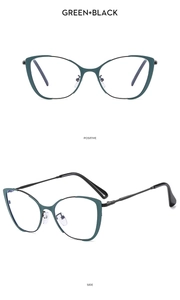 Detail view of cat-eye glasses frames in green and black finish from positive and side angles