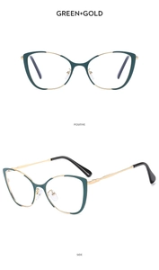 Detailed front and side views of cat-eye blue light blocking glasses in green and gold