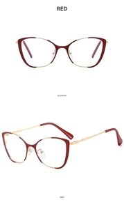 Cat eye blue light glasses frame in wine red and gold showing front and side views