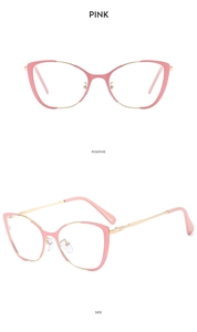Detailed views of pink cat-eye metal blue light blocking glasses with gold frames