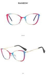 Detailed views of cat-eye rainbow gradient frames with slim gold metal temples