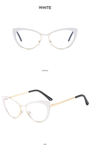 Détails de lunettes œil-de-chat blanches avec monture dorée en vues de face et de profil