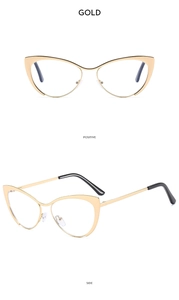Vues détaillées de montures de lunettes œil-de-chat dorées avec angles de face et de côté