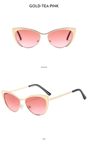 Détails de lunettes œil-de-chat dorées avec verres rose thé vus de face et de côté