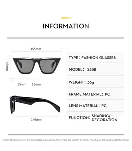 Detailed size chart for oversized cat eye sunglasses showing dimensions and PC frame specs