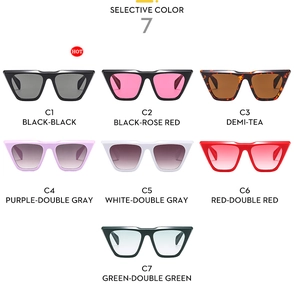 Overview of large frame cat eye sunglasses in seven various frame and lens colors
