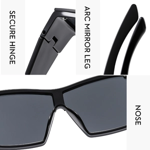 Detail view showing secure hinge, arc mirror legs, and ergonomic nose pads of square sunglasses