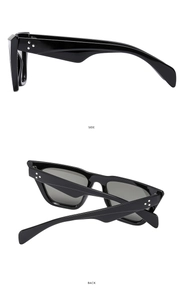 Side and back view of black square sunglasses featuring silver star rivets on the temples