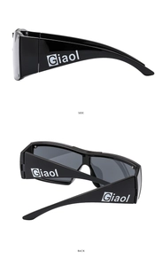 Detailed side view of wide black sunglasses temples featuring white Giaol logo