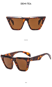 Detail of tortoise shell oversized sunglasses with metal rivets and tea-colored lenses