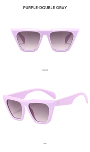 Detail of purple oversized square sunglasses with silver rivets and gradient grey lenses