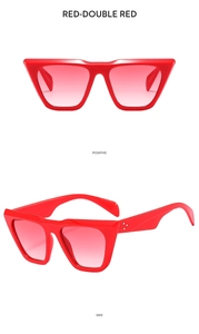 Cat eye oversized red gradient sunglasses with triple dot detail from front and side views