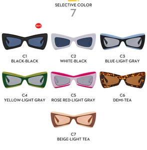 Grid view of geometric butterfly sunglasses in seven various color options from C1 to C7