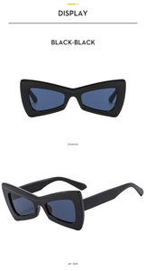 Detailed views of butterfly geometric black sunglasses from front and side angles