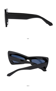 Side and back view of fashion butterfly sunglasses with thick black frames and blue lenses
