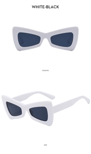 Front and side views of modern oversized white butterfly sunglasses with dark lenses