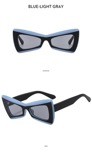 Detailed views of butterfly sunglasses in blue and black with anti-blue light gray lenses