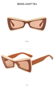 Detail view of beige and light tea butterfly sunglasses showing positive and side angles