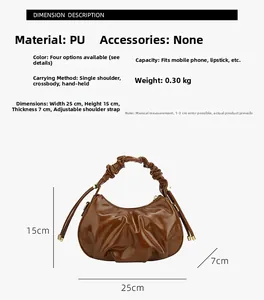 Detailed technical diagram of brown pleated PU dumpling bag with 25x15x7cm dimensions