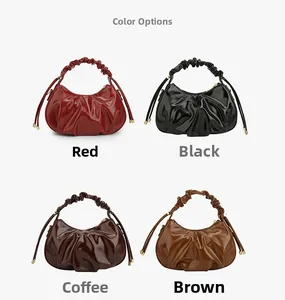 Four colors of pleated oil wax leather dumpling bags in red, black, coffee and brown